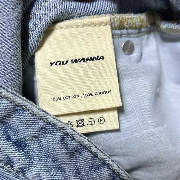 You Wanna Wide Leg Distressed Raw Hem Jeans NWT Baggy Y2K Patches Grunge - Picture 8 of 14